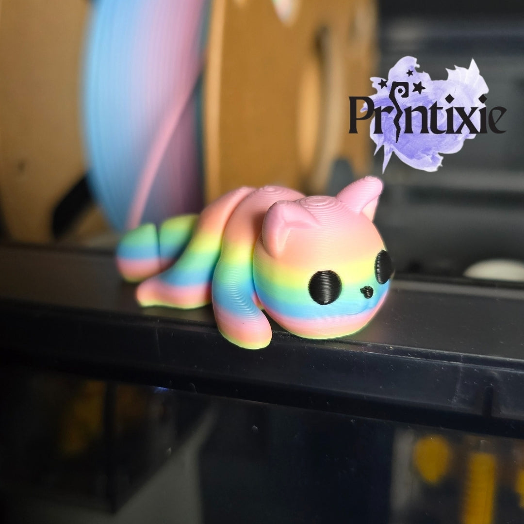 Rainbow 3D printed tiny cat flexible toy, made by Printixie