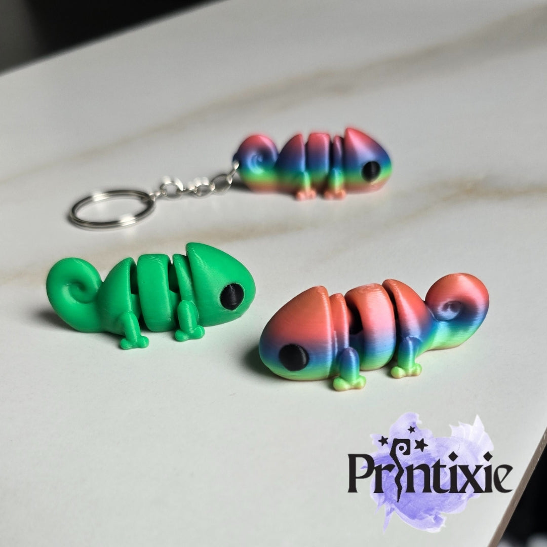 Tiny Chameleon, colorful 3D printed toy and keychain , made by Printixie
