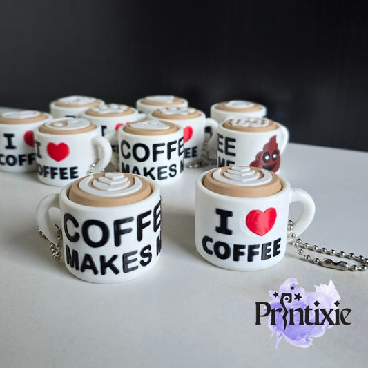 3D printed coffee clicker keychains with latte swirl tops and I ❤️ coffee designs