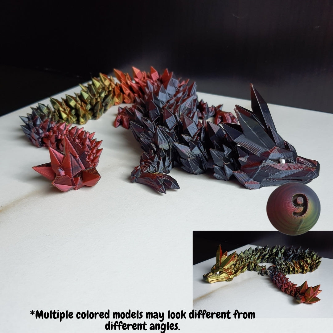 Medium articulated 3D printed crystal dragon in black gold red