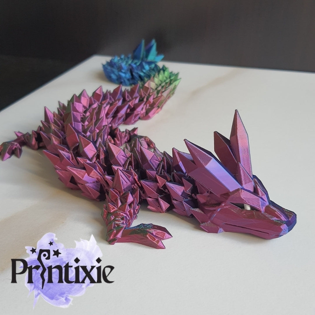 Medium articulated 3D printed crystal dragon in metallic purple, green, blue