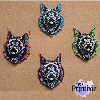 Four colorful cat head designs on a brown background with 'Printixie' branding.